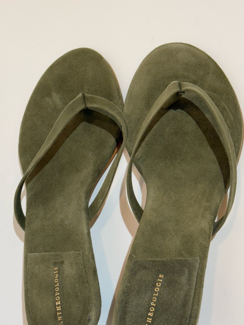 NWOB Anthropologie Olive Suede Slide Flip-Flop Kitten Heels - Picture 9 of 11